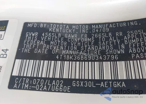 2009 Toyota Avalon Xls from USA, damaged, VIN 4T1BK36B69U343796